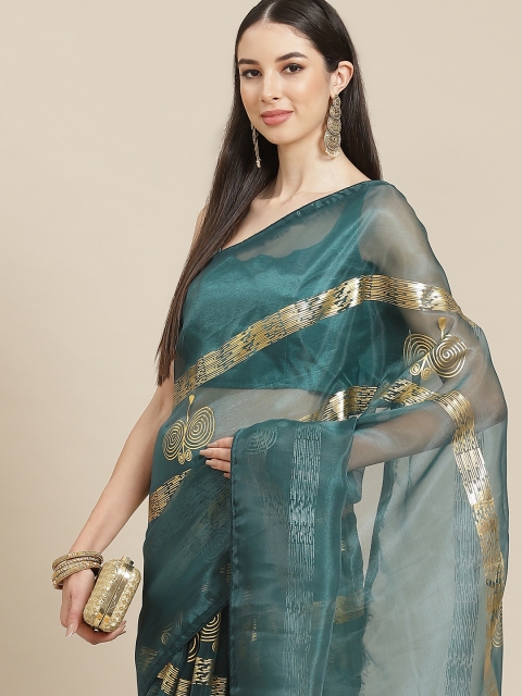 

Anouk Teal & Gold-Toned Striped Organza Saree