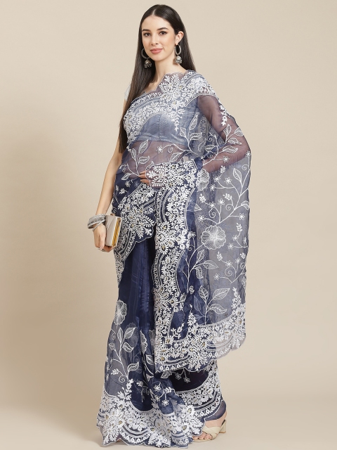 

Anouk Navy Blue & White Floral Organza Saree