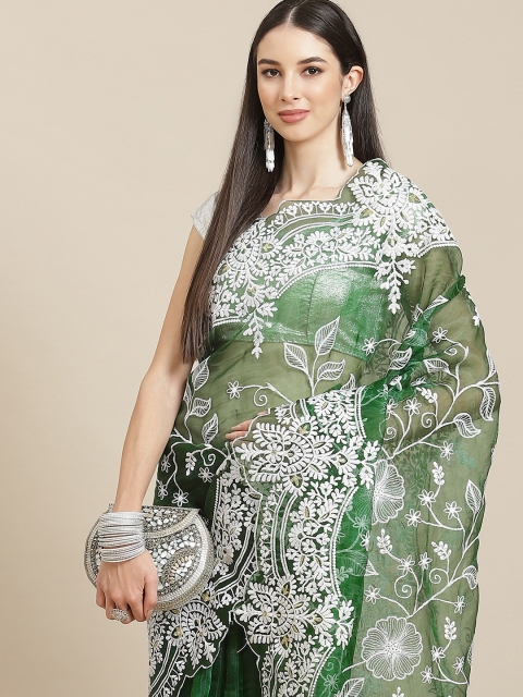 

Anouk Green & White Floral Organza Saree