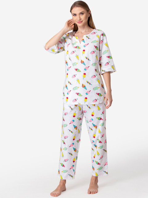 

Fluffalump Women White & Yellow Pure Cotton Printed Night suit