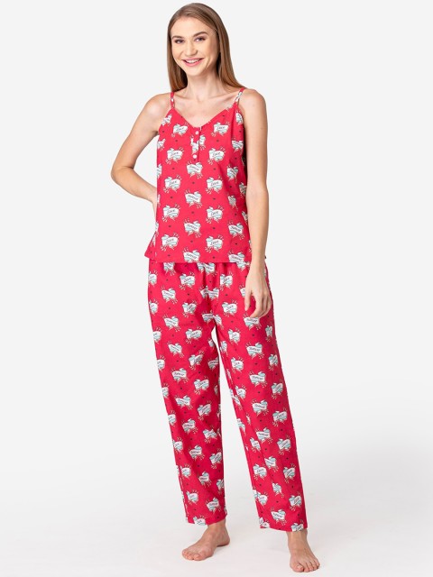 

Fluffalump Women Pink & Grey Printed Pure Cotton Night suit