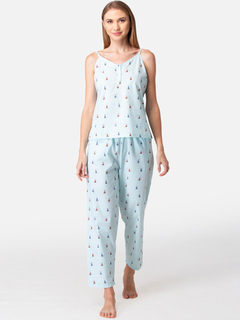 

Fluffalump Women Blue & Red Conversational Printed Pure Cotton Night Suit