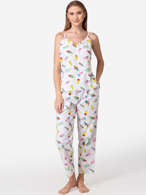 

Fluffalump Women White & Yellow Printed Night suit