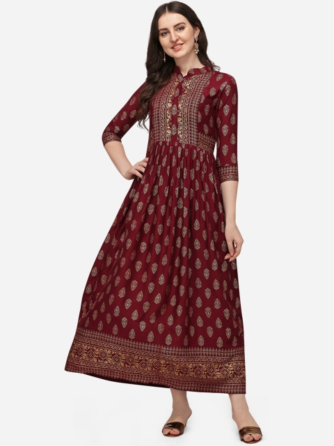 

Florence Women Maroon & Gold-Toned Ethnic Motifs Foil Printed Maxi Dress