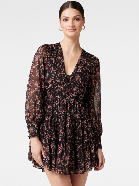 

Forever New Black & Multicoloured Floral Printed Flared Mini Dress