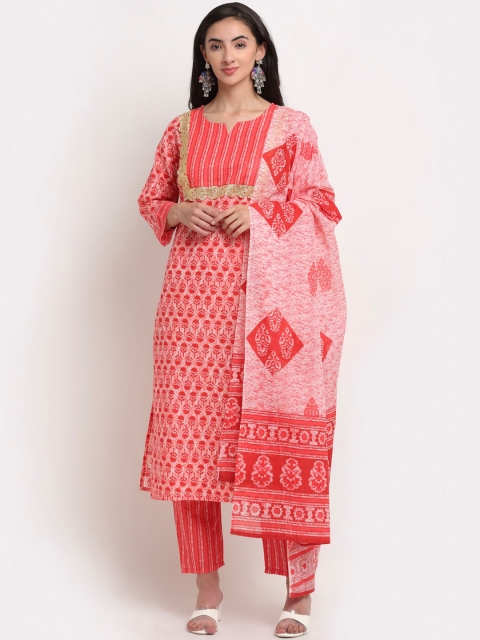 

GoSriKi Women Peach-Coloured Ethnic Motifs Regular Kurta with Trousers & Dupatta