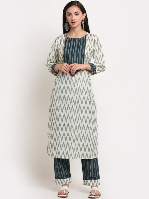 

KALINI Women Off White & Blue Printed Regular Kurta with Trousers
