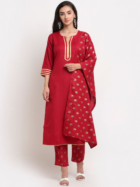 

KALINI Women Red Ethnic Motifs Yoke Design Kurta with Trousers & With Dupatta