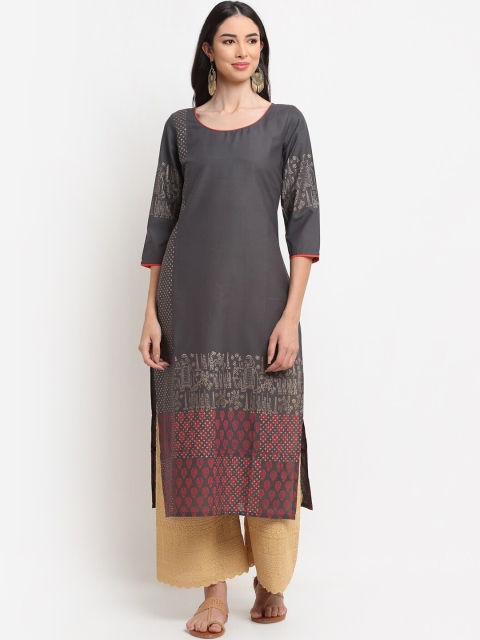 

ARITOS INDIA Women Grey Ethnic Motifs Printed Flared Sleeves Block Print Handloom Kurta