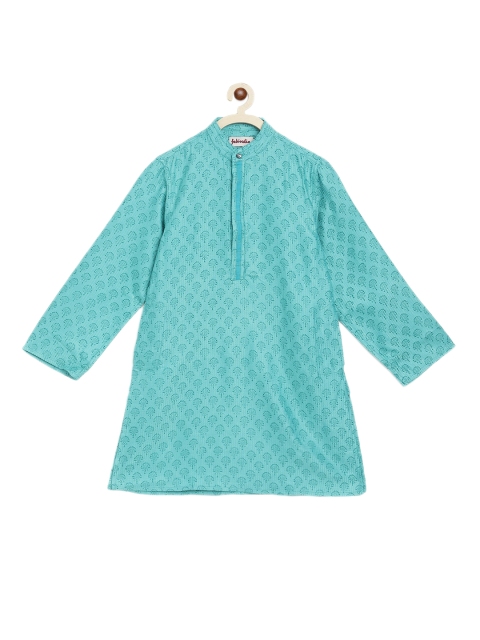 

Fabindia Boys Turquoise Blue Geometric Thread Work Kurta