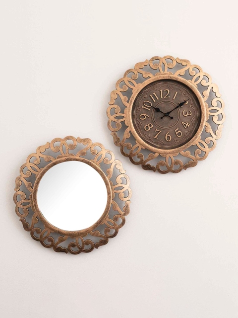 

Home Centre Transparent & Brown Textured Wall Clock and Mirror Set