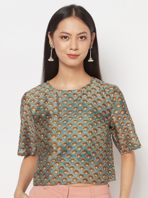 

Fabindia Green & Yellow Ethnic Motifs Printed Crop Top