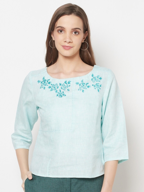 

Fabindia Blue Linen Embroidered Regular Top