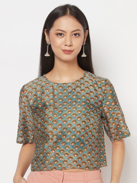 

Fabindia Green & Yellow Ethnic Motifs Printed Crop Top