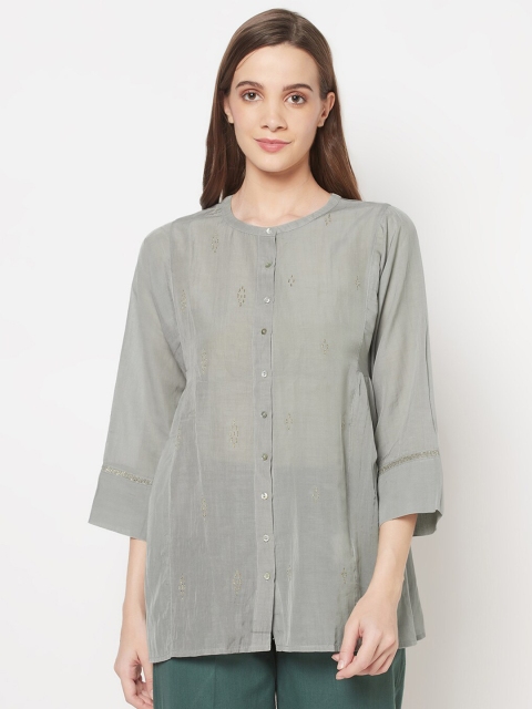 

Fabindia Grey Mandarin Collar Shirt Style Longline Top