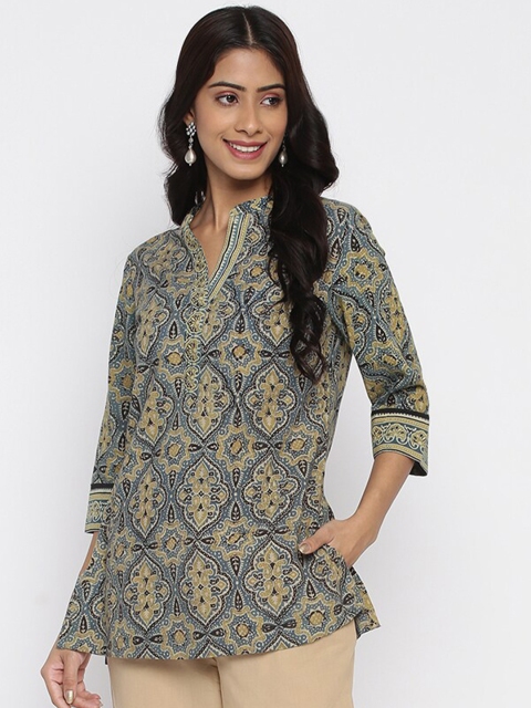 

Fabindia Blue & Beige Floral Printed Pure Cotton Kurti