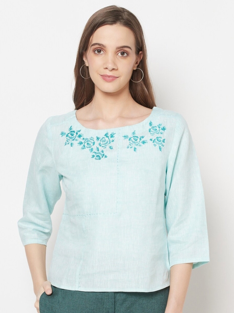 

Fabindia Blue Floral Linen Regular Top