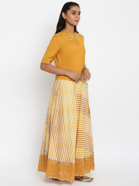 

Fabindia Women Mustard & Beige Pure Cotton Top with Sushi Voile Ghera Skirt