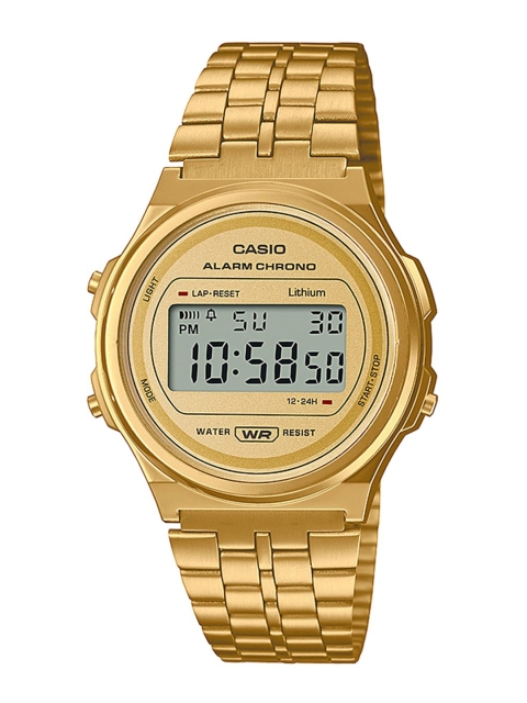 

CASIO Unisex Black Dial & Gold Toned Stainless Steel Straps Digital Watch