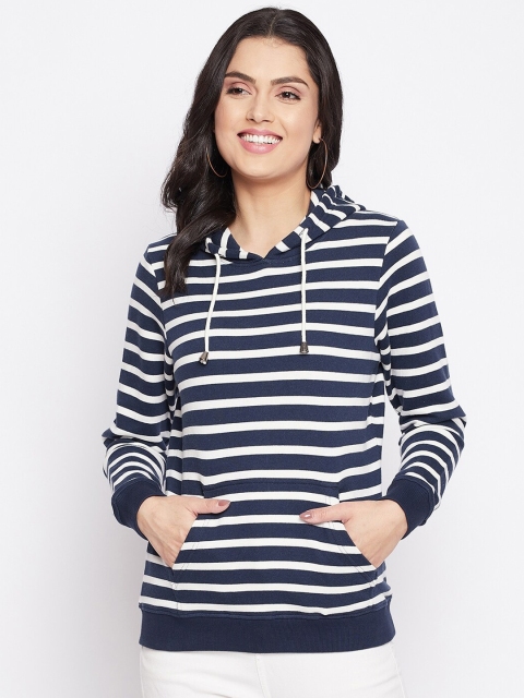 

HARBORNBAY Women Navy Blue Striped Hooded Sweatshirt