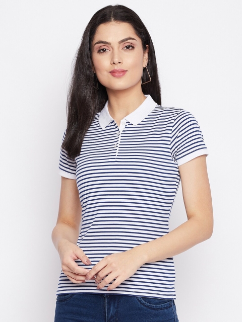 

HARBORNBAY Women Blue Striped Polo Collar Cut Outs T-shirt
