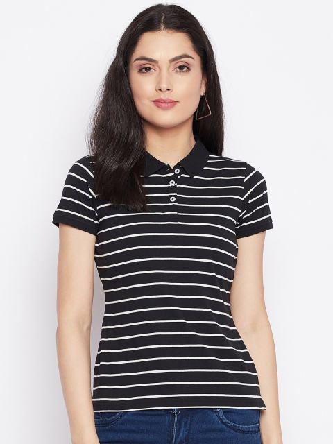 

HARBORNBAY Women Black & White Striped Polo Collar Monochrome T-shirt