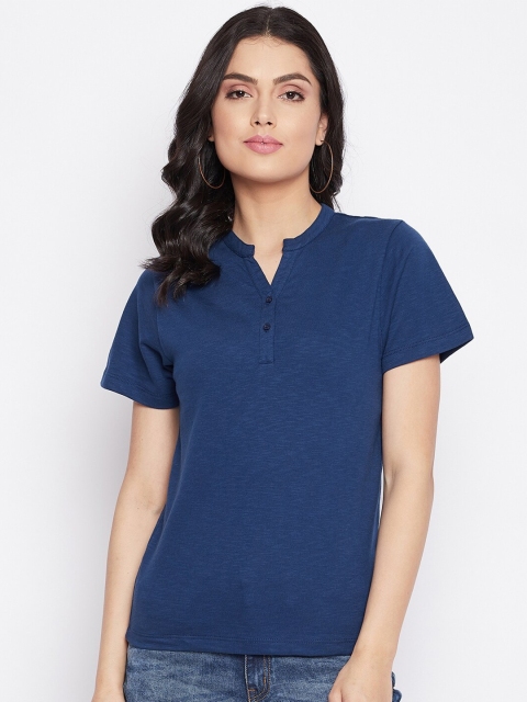 

HARBORNBAY Women Blue Mandarin Collar T-shirt