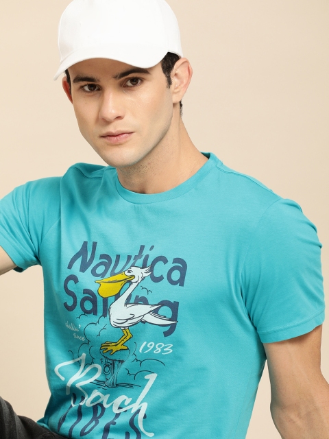 

Nautica Men Turquoise Blue Typography Printed Pure Cotton T-shirt