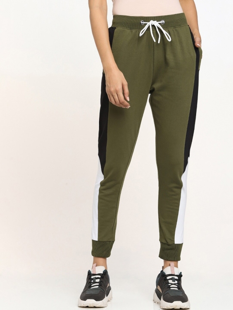 

Bewakoof Women Olive-Green & Black Colourblocked Cotton Relaxed-Fit Joggers