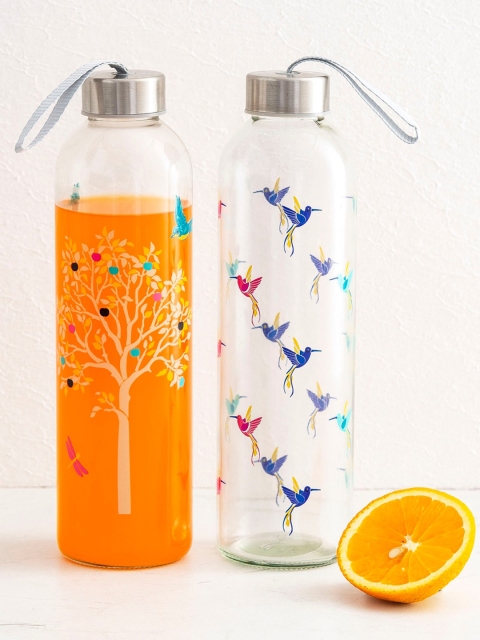 

Home Centre Set Of 2 Transparent & Orange Printed Glass Water Bottle