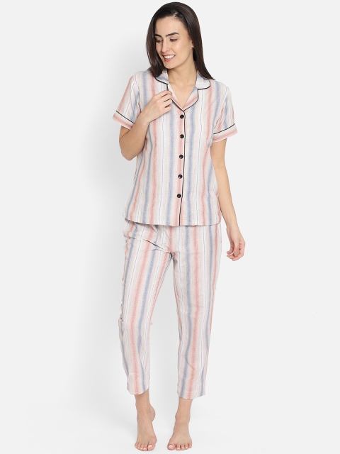 

Fbella Women White & Blue Striped Pure Cotton Night suit