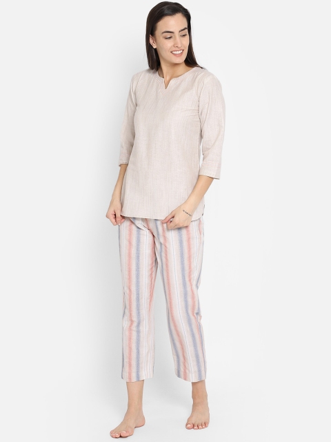 

Fbella Women Off White & Pink Pure Cotton Night suit