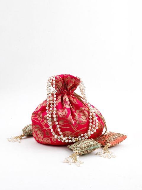 

ODETTE Red & Gold-Toned Printed Potli Clutch
