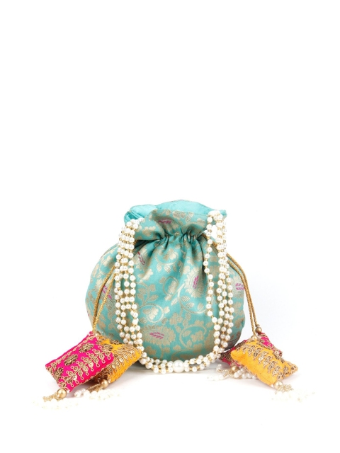 

ODETTE Green & Pink Textured Embellished Potli Clutch