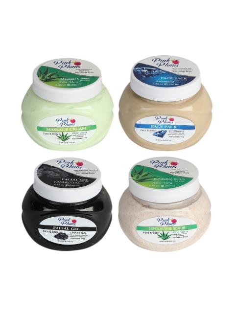 

Pink Plums Set of 4 Facial Kit - Face & Body Massage Creams & Body Scrub, Multi
