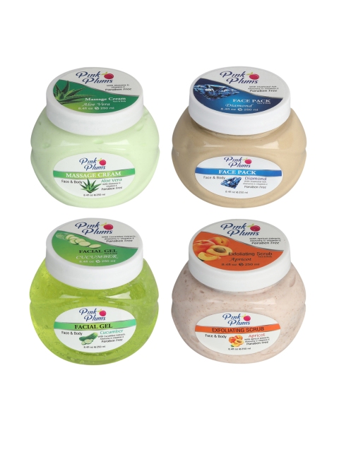 

Pink Plums Set of 4 Facial Kit - Face & Body Massage Creams & Body Scrub, Multi
