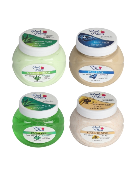 

Pink Plums Set of 4 Facial Kit - Face & Body Massage Creams & Body Scrub, Multi