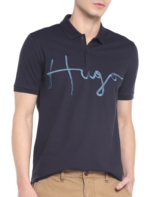 

HUGO Men Navy Blue Embroidered Brand Logo Polo Collar T-Shirt
