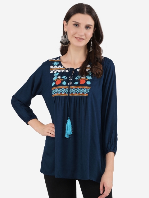 

Ashnaina Blue Embroidered Tie-Up Neck A-Line Top