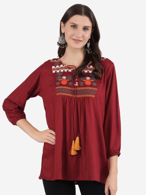 

Ashnaina Maroon Embroidered Tie-Up Neck Blouson Top