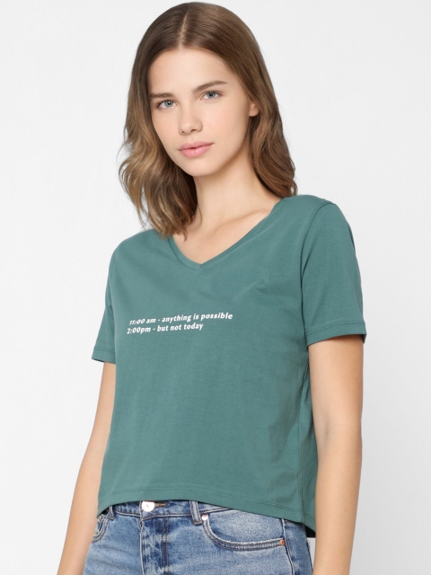 

ONLY Women Green Typography V-Neck T-shirt