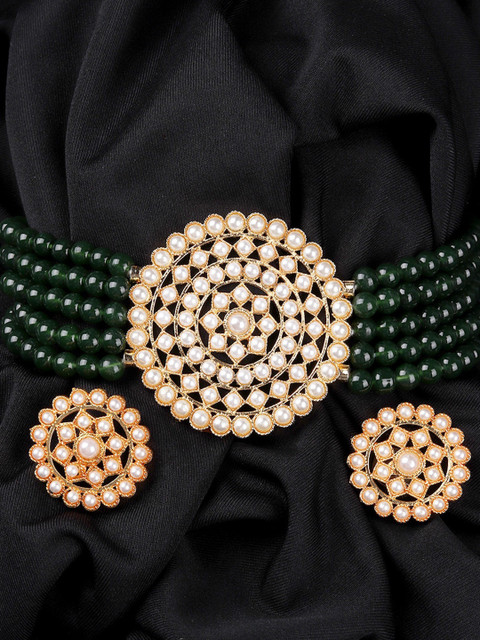 

Mirraw Gold-Plated Beige Kundan Studded Green Pearl Beaded Jewellery Set