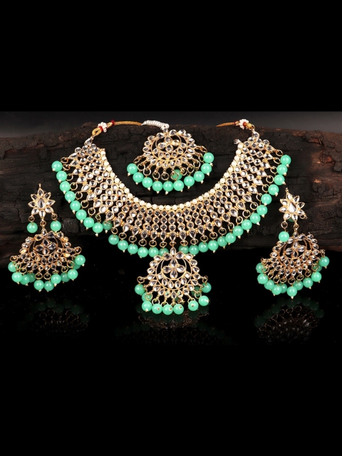 

Mirraw Gold-Plated White & Green Stone-Studded Beaded Jewellery Set