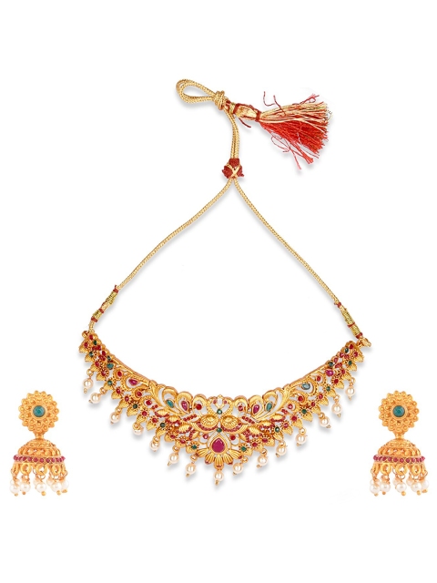 

Mirraw Gold Plated Maroon & Green Temple Jewellery Set