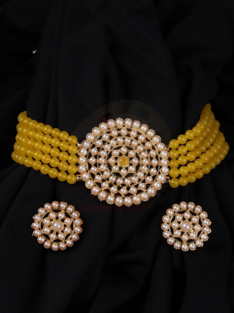 

Mirraw Gold-Plated Beige & Yellow Pearl Studded & Beaded Jewellery Set