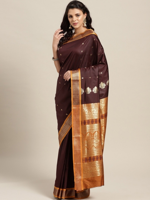 

Ishin Brown & Orange Ethnic Motifs Zari Art Silk Mysore Silk Saree