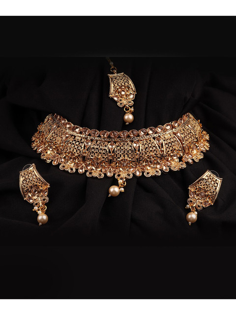 

Mirraw Gold-Plated Beige Stone-Studded & Beaded Jewellery Set