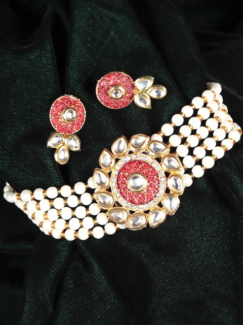 

Mirraw Gold-Plated White Stone Studded & Pearl Beaded Red Jewellery Set