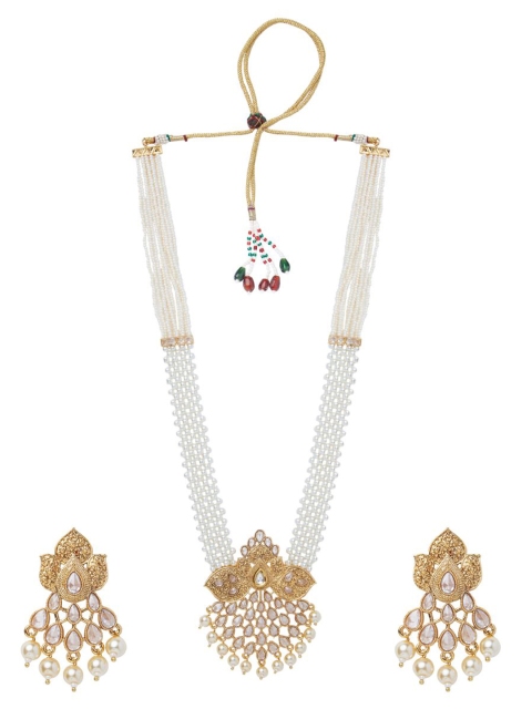 

Mirraw Gold-Plated White & Beige Kundan-Studded & Beaded Jewellery Set