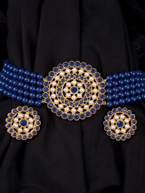 

Mirraw Women Gold-Plated Navy-Blue & White Pearls Beaded Jewellery Set
